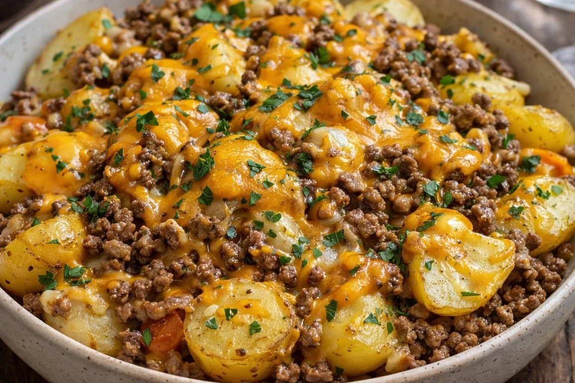 Delicious ground beef potato casserole dish ready to serve