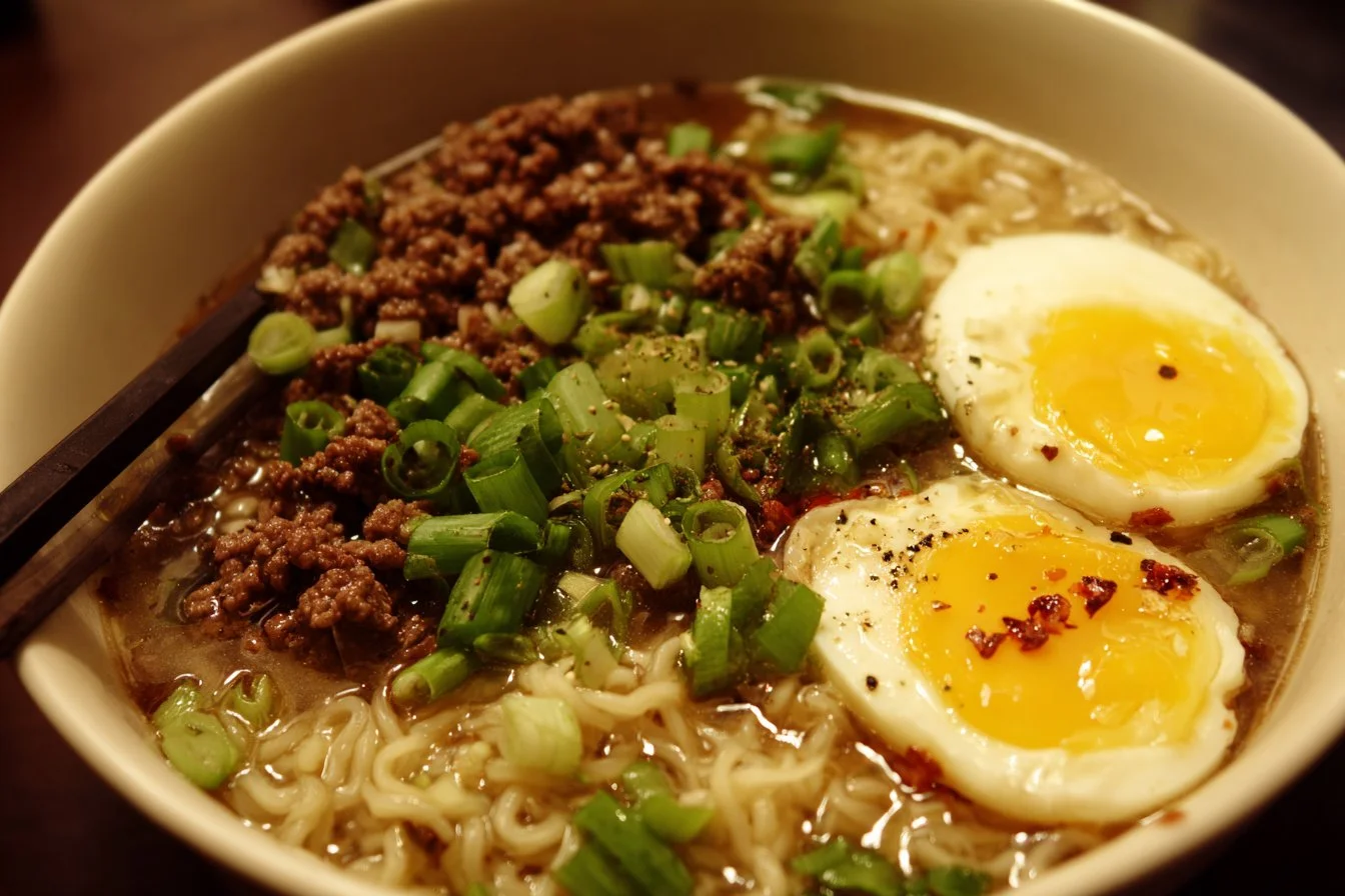 Bowl of ground beef ramen topped with green onions and sesame seeds.