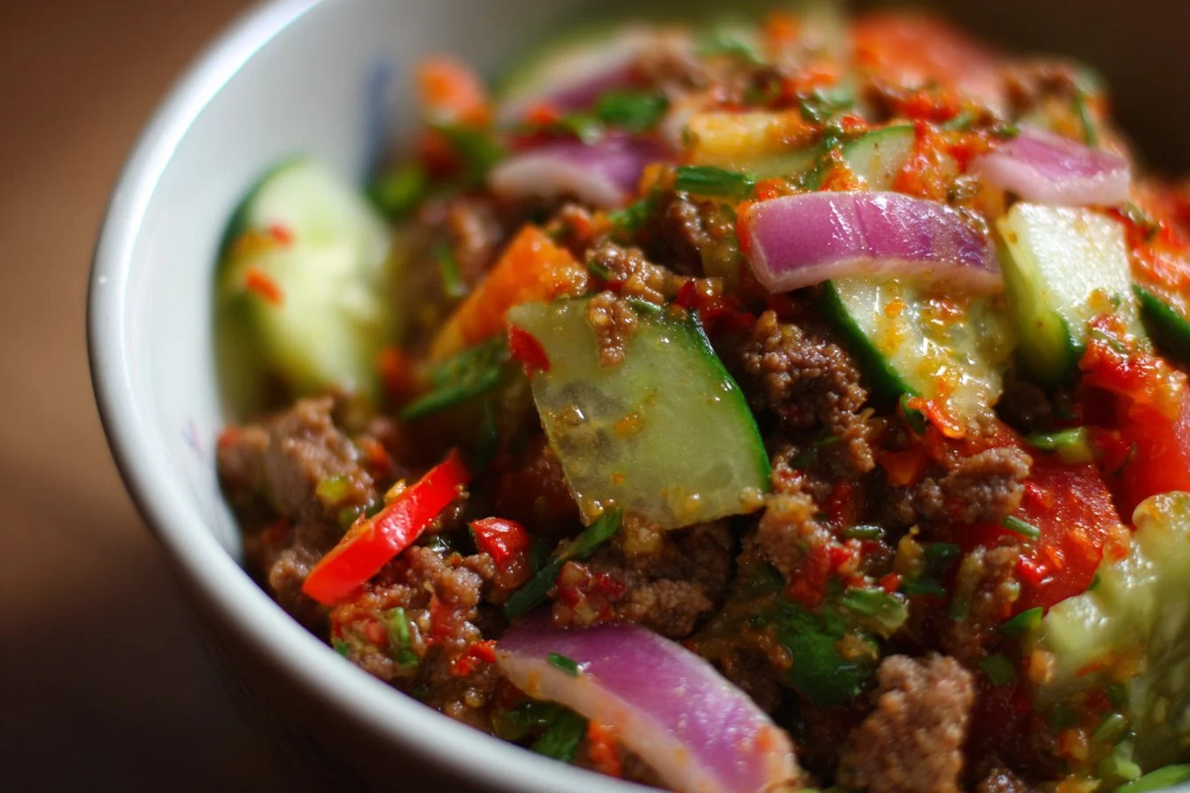 Delicious ground beef salad garnished with vegetables served on a plate