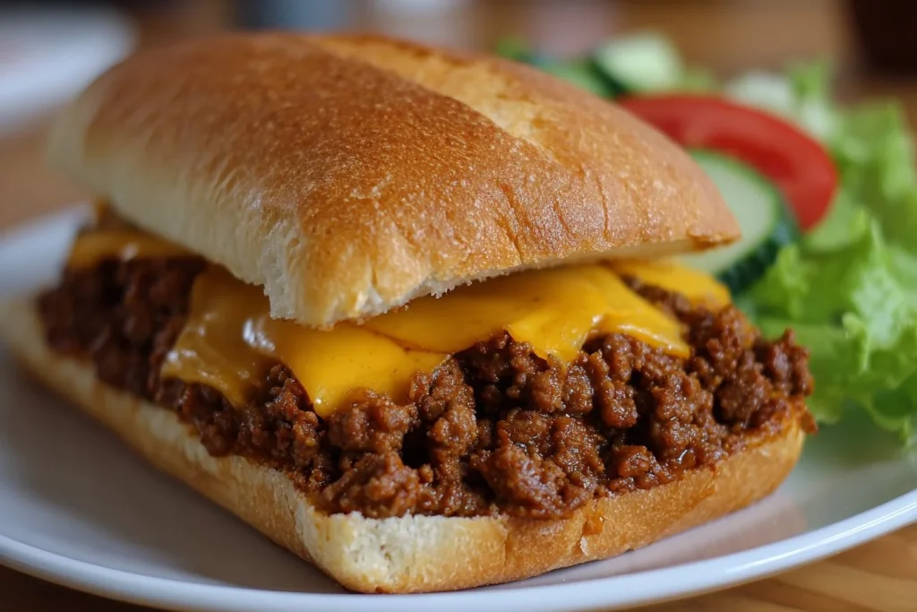 Delicious ground beef sandwich with fresh toppings and a toasted bun
