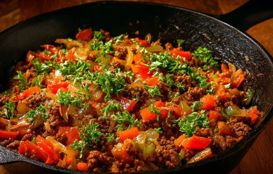 Delicious Ground Beef Skillet served in a pan with colorful vegetables