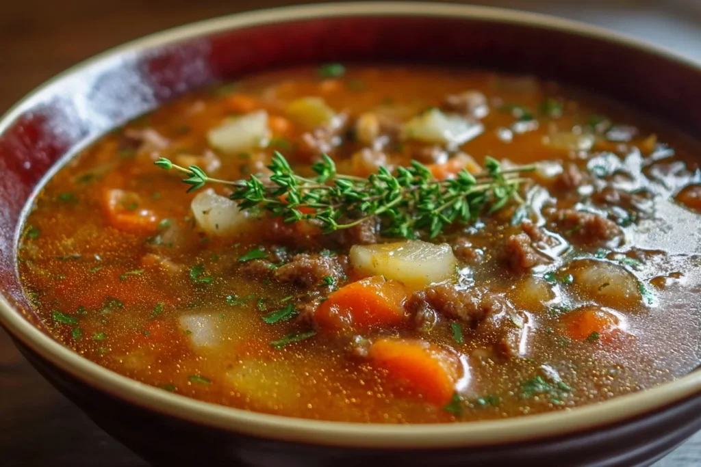 Delicious bowl of ground beef soup with vegetables