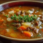 Delicious bowl of ground beef soup with vegetables