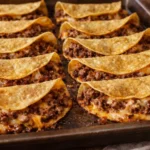 Plate of homemade ground beef tacos with toppings