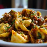 A bowl of ground beef tortellini topped with fresh herbs and cheese.