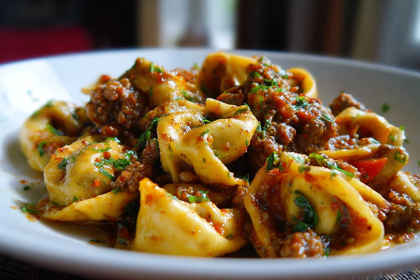 A bowl of ground beef tortellini topped with fresh herbs and cheese.