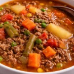Bowl of ground beef vegetable soup with fresh vegetables and herbs