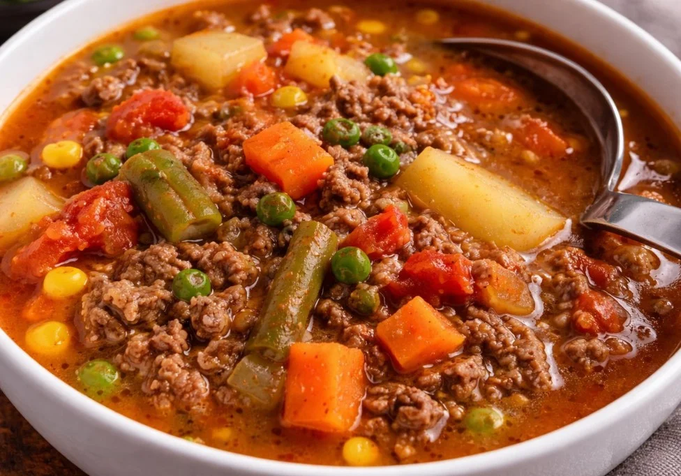 Bowl of ground beef vegetable soup with fresh vegetables and herbs