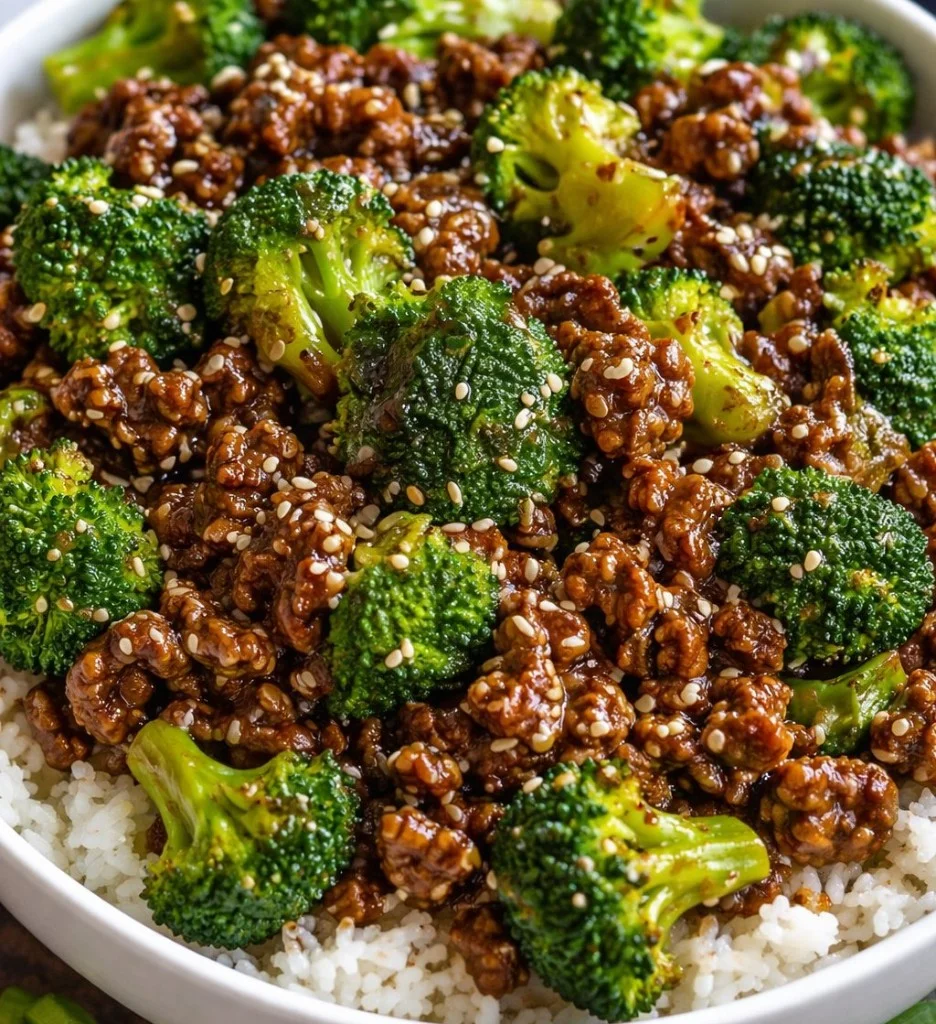 Healthy beef and broccoli dish with vibrant vegetables and tender beef strips.