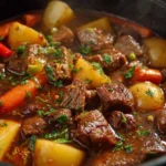 Bowl of healthy beef stew with fresh vegetables and herbs