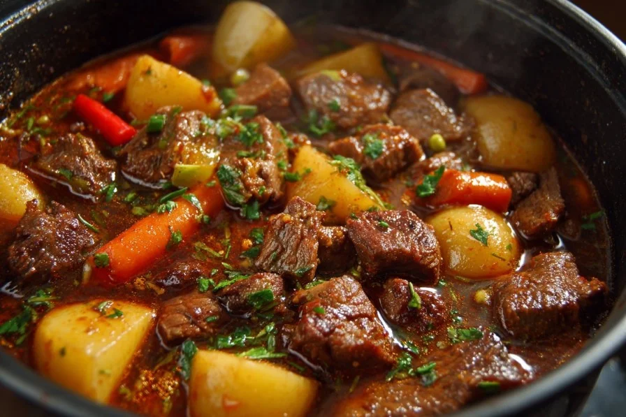 Bowl of healthy beef stew with fresh vegetables and herbs