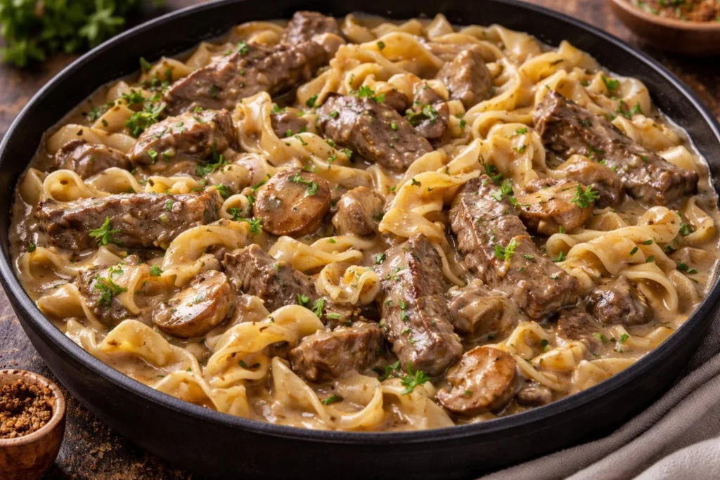 Healthy beef stroganoff served with mushrooms and creamy sauce over noodles