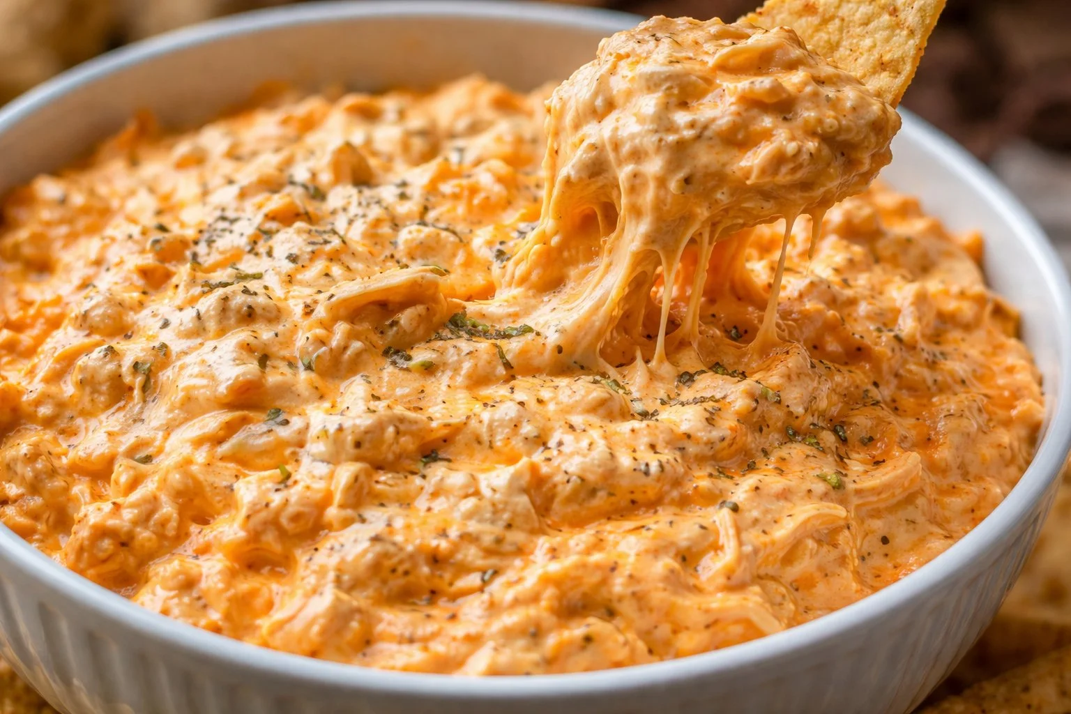 Bowl of Healthy Buffalo Chicken Dip with fresh veggies on the side