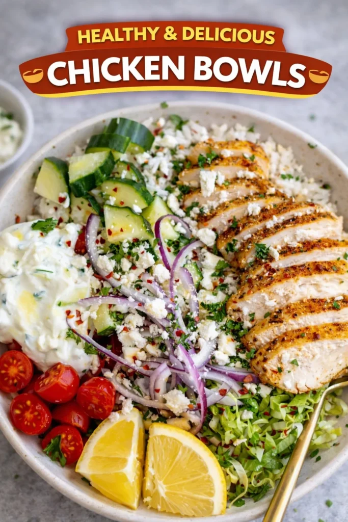 Healthy chicken bowls with vegetables and grains for a nutritious meal