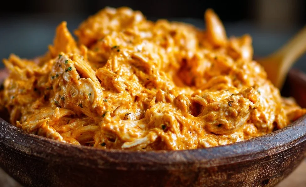 High Protein Buffalo Chicken Dip served with tortilla chips