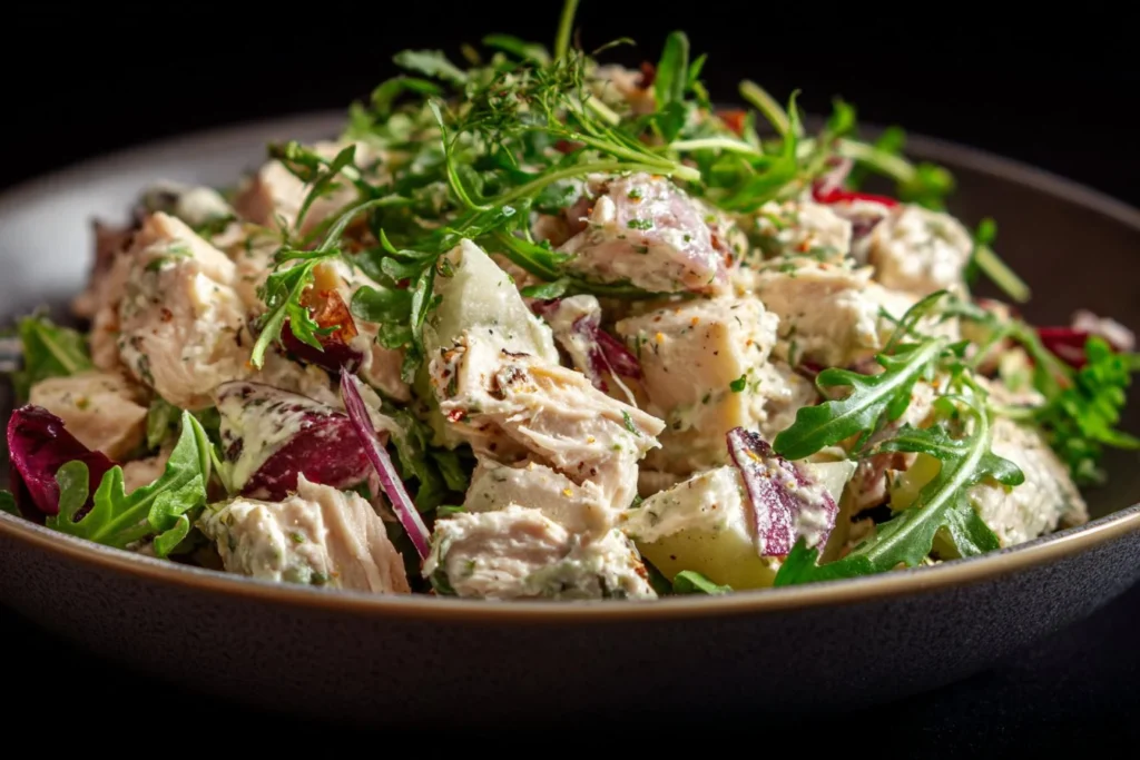 High protein chicken salad with vegetables and dressing in a bowl