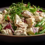 High protein chicken salad with vegetables and dressing in a bowl