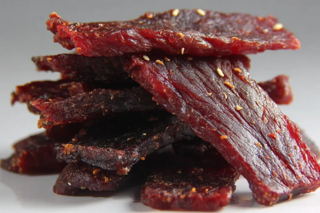 Homemade beef jerky prepared with spices and herbs