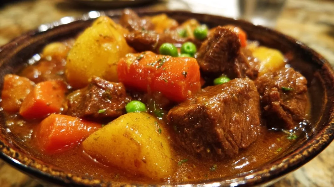 Delicious homemade beef stew simmering in a pot with fresh vegetables.