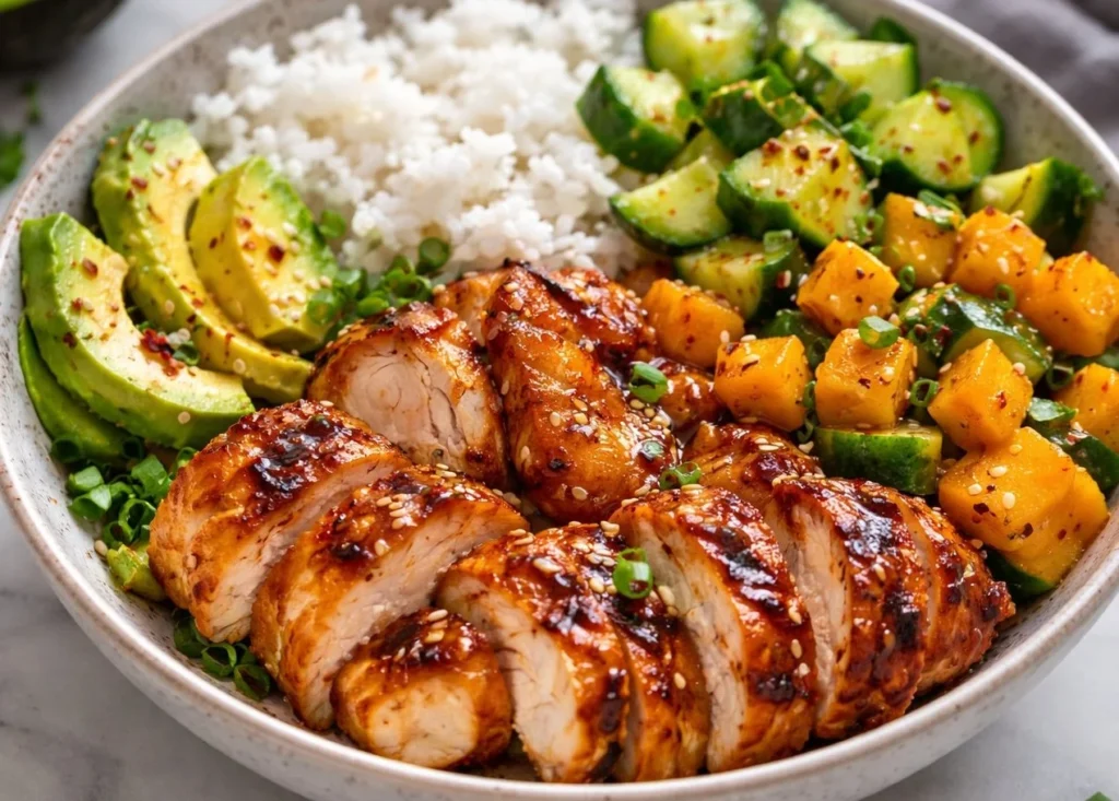 Delicious Hot Honey Chicken Bowl garnished with fresh vegetables and sauce