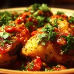 A plate of Italian chicken served with herbs and vegetables