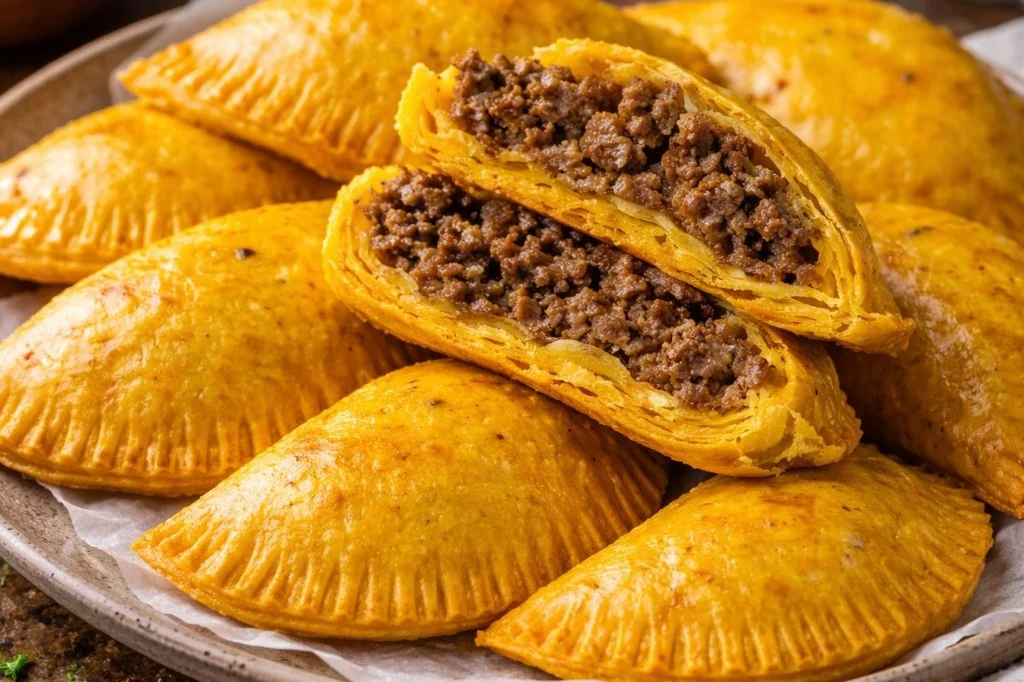 Golden Jamaican Beef Patties filled with spiced beef, ready to eat