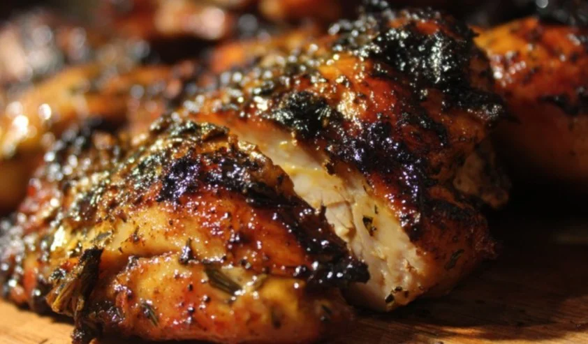 Delicious Jerk Chicken dish garnished with fresh herbs and spices.