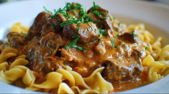 Creamy Keto Beef Stroganoff served with mushrooms and herbs