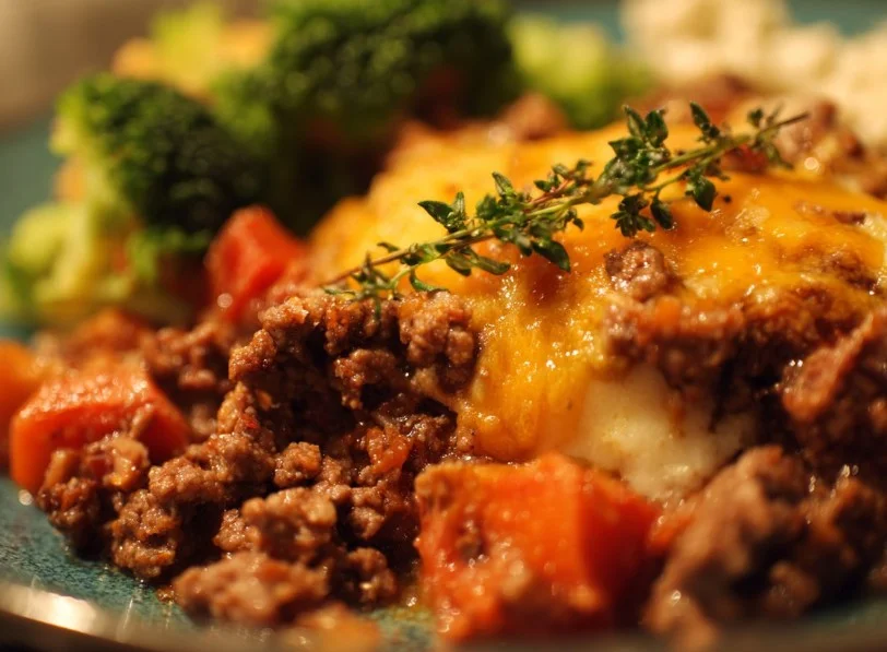 Keto Ground Beef Dinner served with vegetables on a plate.