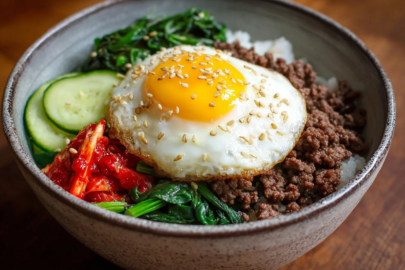 Korean Ground Beef Bowl with vegetables and rice topped with sesame seeds