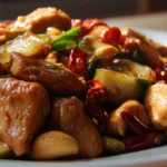 Delicious plate of homemade Kung Pao Chicken with vegetables and peanuts