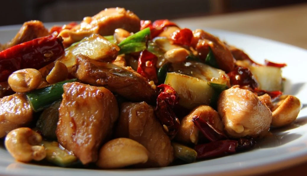 Delicious plate of homemade Kung Pao Chicken with vegetables and peanuts
