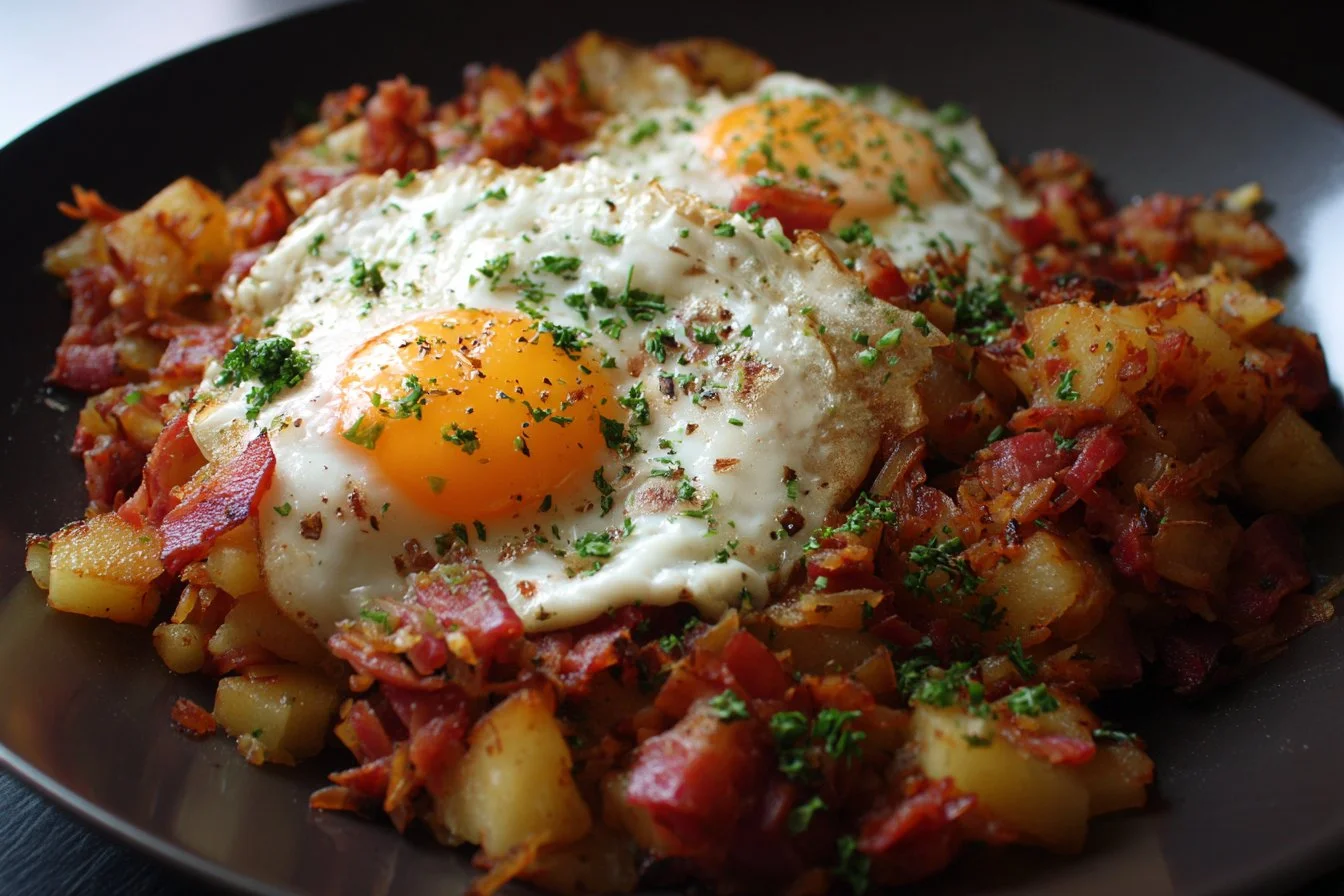 Delicious leftover corned beef hash served in a skillet