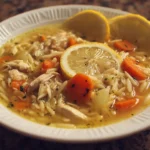 Bowl of Lemon Chicken Orzo Soup with fresh herbs and lemon slices