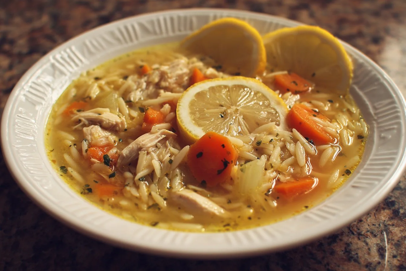 Bowl of Lemon Chicken Orzo Soup with fresh herbs and lemon slices