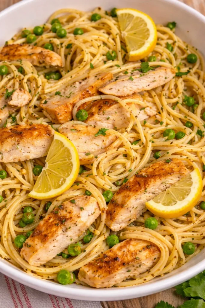 Delicious Lemon Chicken Pasta topped with parsley and lemon slices.