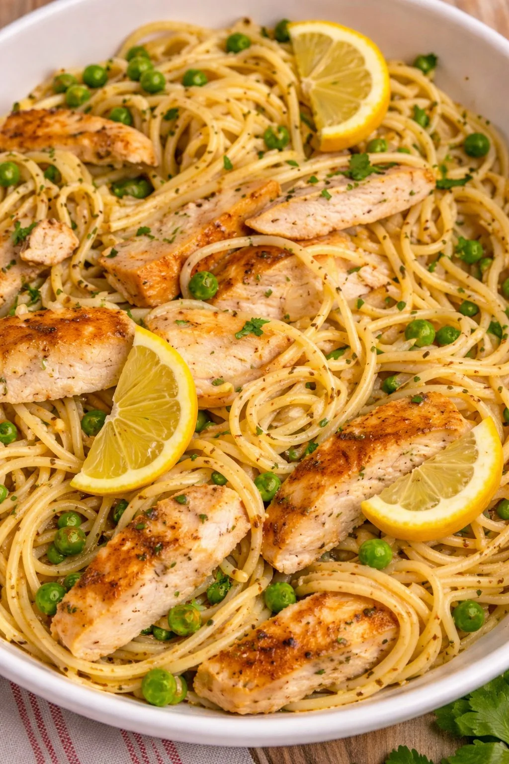 Delicious Lemon Chicken Pasta topped with parsley and lemon slices.