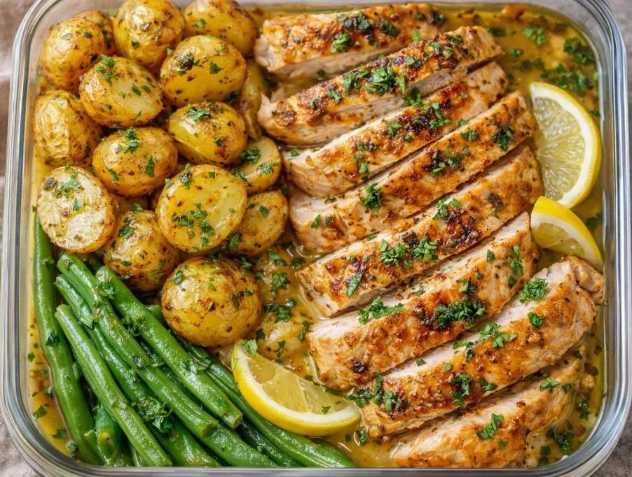 Delicious Lemon Garlic Chicken garnished with fresh herbs