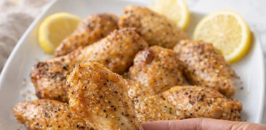 Plate of crispy Lemon Pepper Chicken Wings garnished with herbs.
