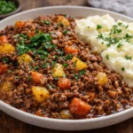 A plate of savory minced beef with vegetables and spices prepared in a rich sauce.