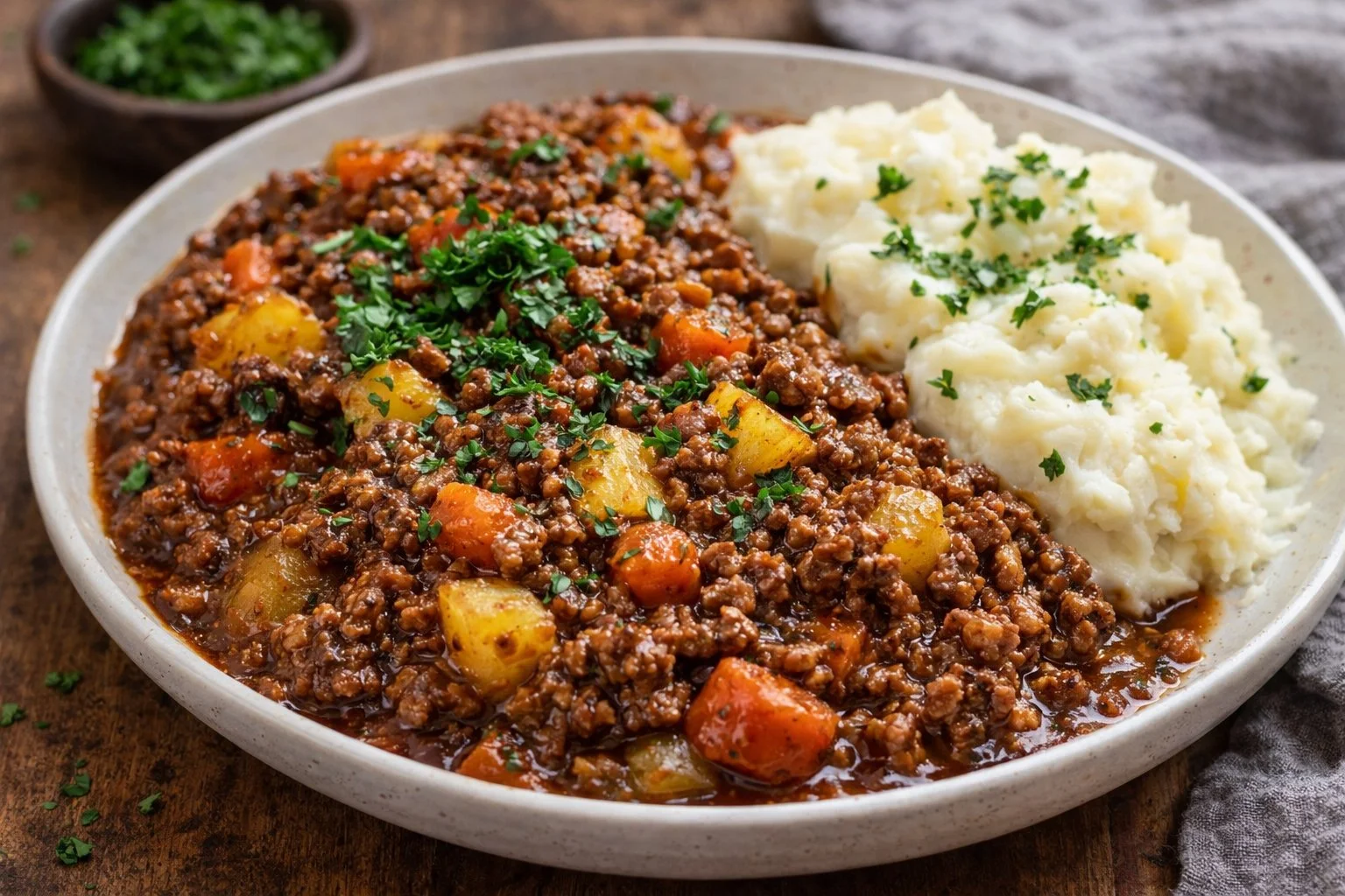 A plate of savory minced beef with vegetables and spices prepared in a rich sauce.