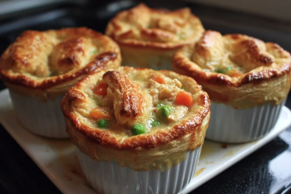 Mini chicken pot pies filled with chicken and vegetables in flaky crust