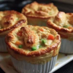 Mini chicken pot pies filled with chicken and vegetables in flaky crust