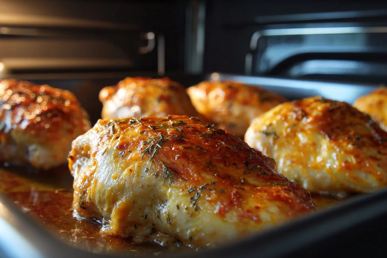 Delicious oven baked chicken breast garnished with herbs and spices