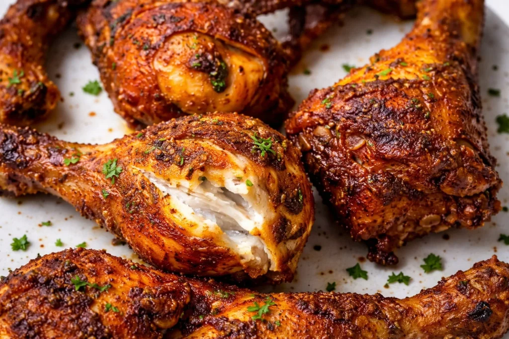 Oven-baked chicken drumsticks on a plate, garnished with herbs