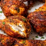 Oven-baked chicken drumsticks on a plate, garnished with herbs
