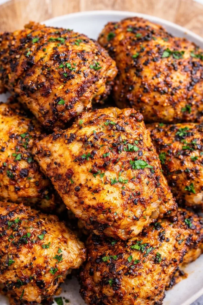 Delicious oven baked chicken thighs with crispy skin on a plate