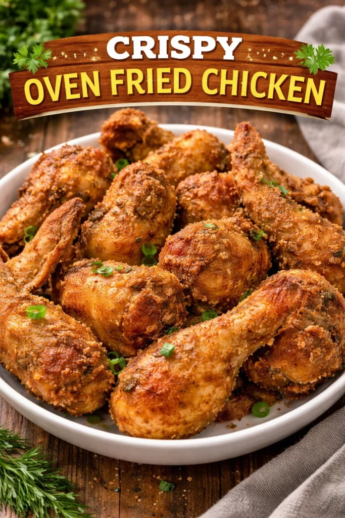 Delicious oven fried chicken recipe with crispy coating and juicy meat