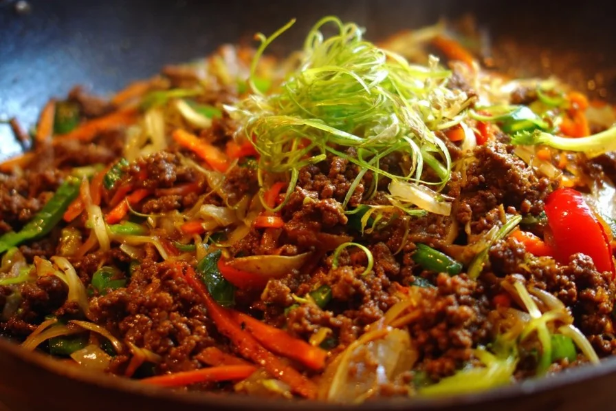 Paleo ground beef stir-fry with colorful vegetables in a skillet