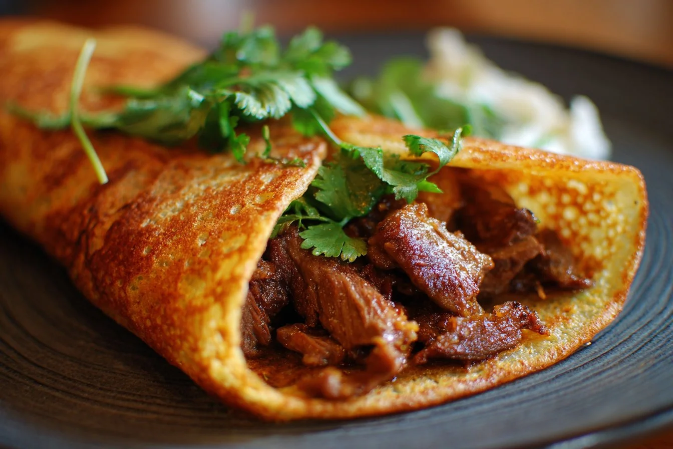 Delicious Parotta served with tender beef curry on a plate